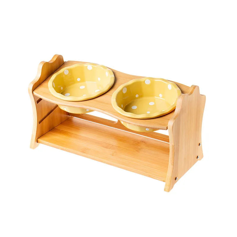 Cute Pets Double Bowl Dog Cat Food Water Feeder Stand Raised Ceramic Dish Bowl Wooden Table Pet Supplies Pi-Mart