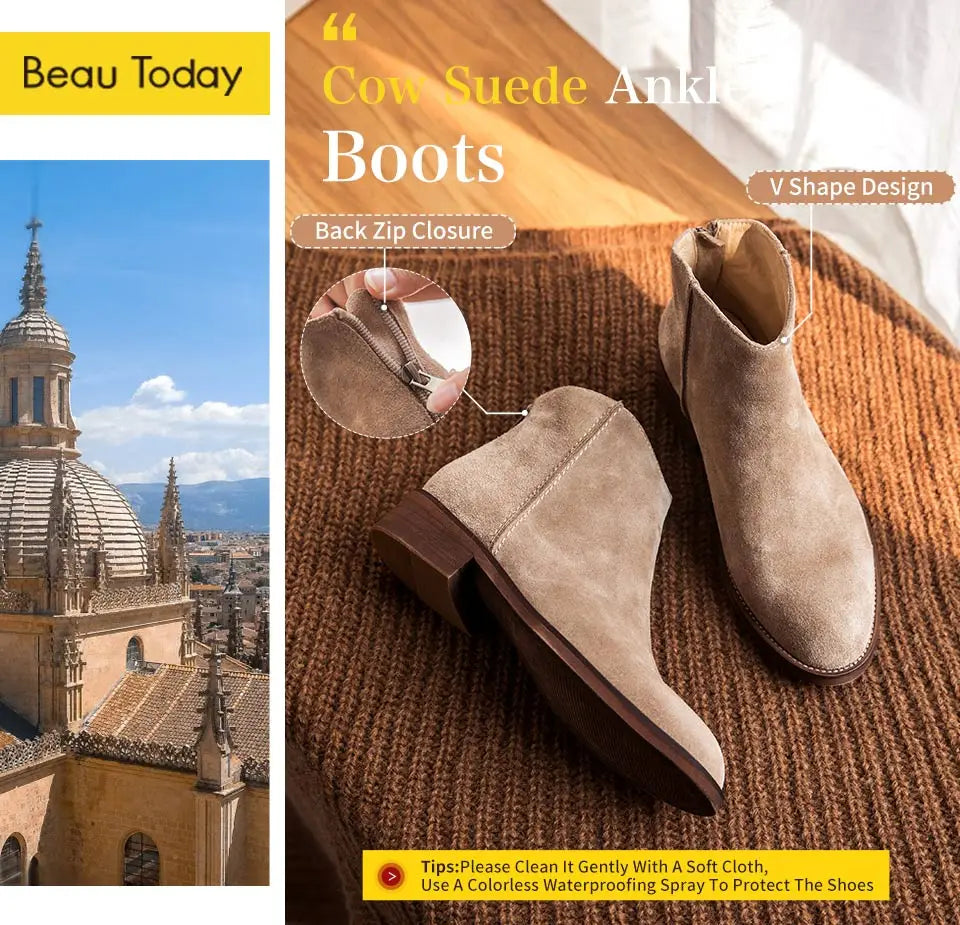 BEAUTODAY Suede Ankle Boots Women Soft Cow Leather Back Zip V-shape Ladies Autumn Winter Boots Handmade 03274 Pi-Mart