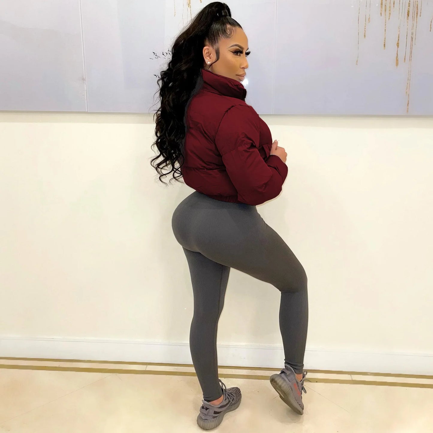 Fall Zip Up Turtleneck Cropped Puffer Jacket Solid Color Wholesale Winter Clothes Women Bubble Coat Outwear LadyShow.Store