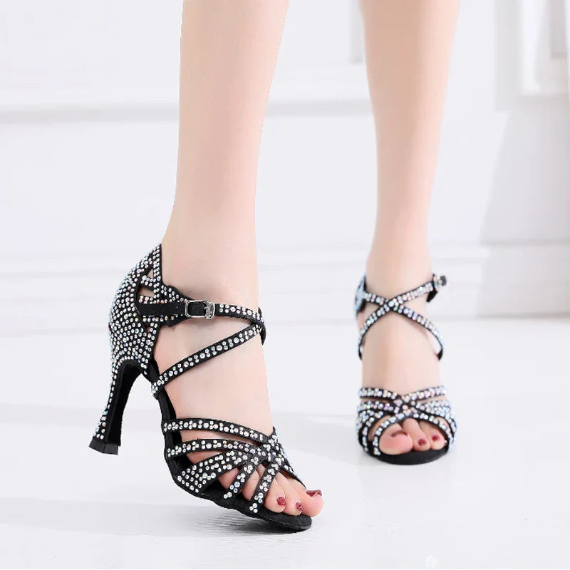 Latin Dance Shoes Ladies Salsa Tango Sneakers Training Dance Shoes High Heel Sandals Summer Square Dance Shoes Bronze Black LadyShow.Store