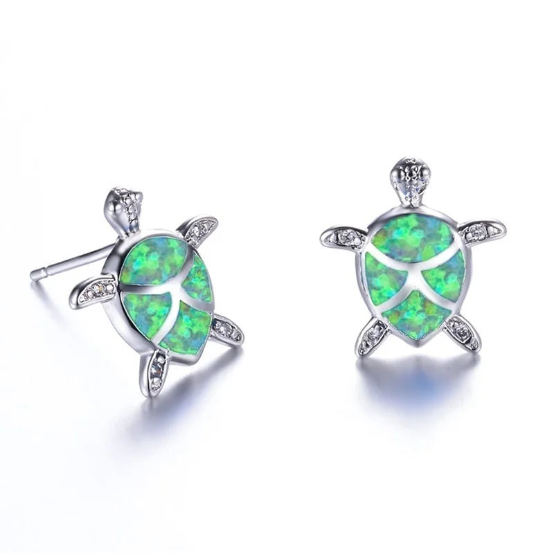 Cute Sea Turtle Stud Earring For Women Fashion Imitation Blue Fire Opal Screw Back Earrings For Women Wedding Band Jewelry Gifts Pi-Mart
