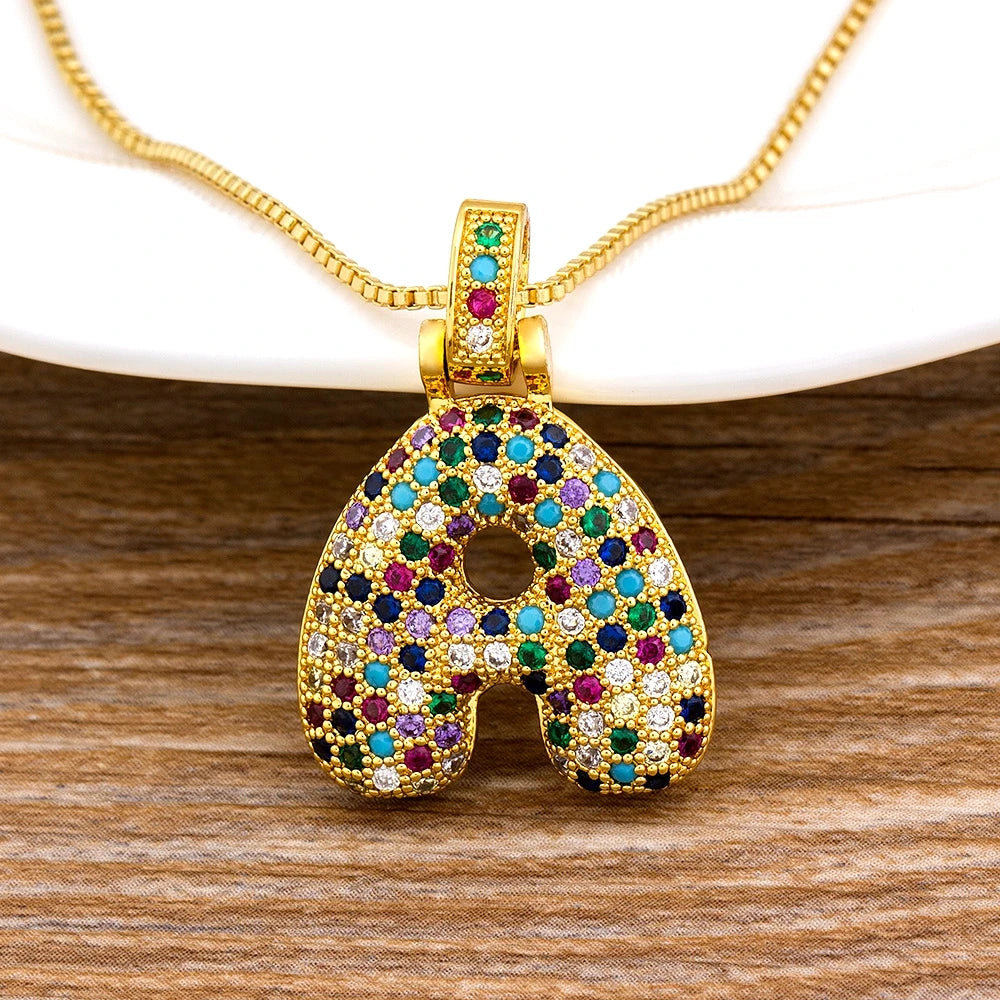 Nidin Fashion Luxury 26 Letters Copper Zircon Pendant Necklace for Women Rainbow Initials Name Necklace Wedding Party Jewelry Pi-Mart