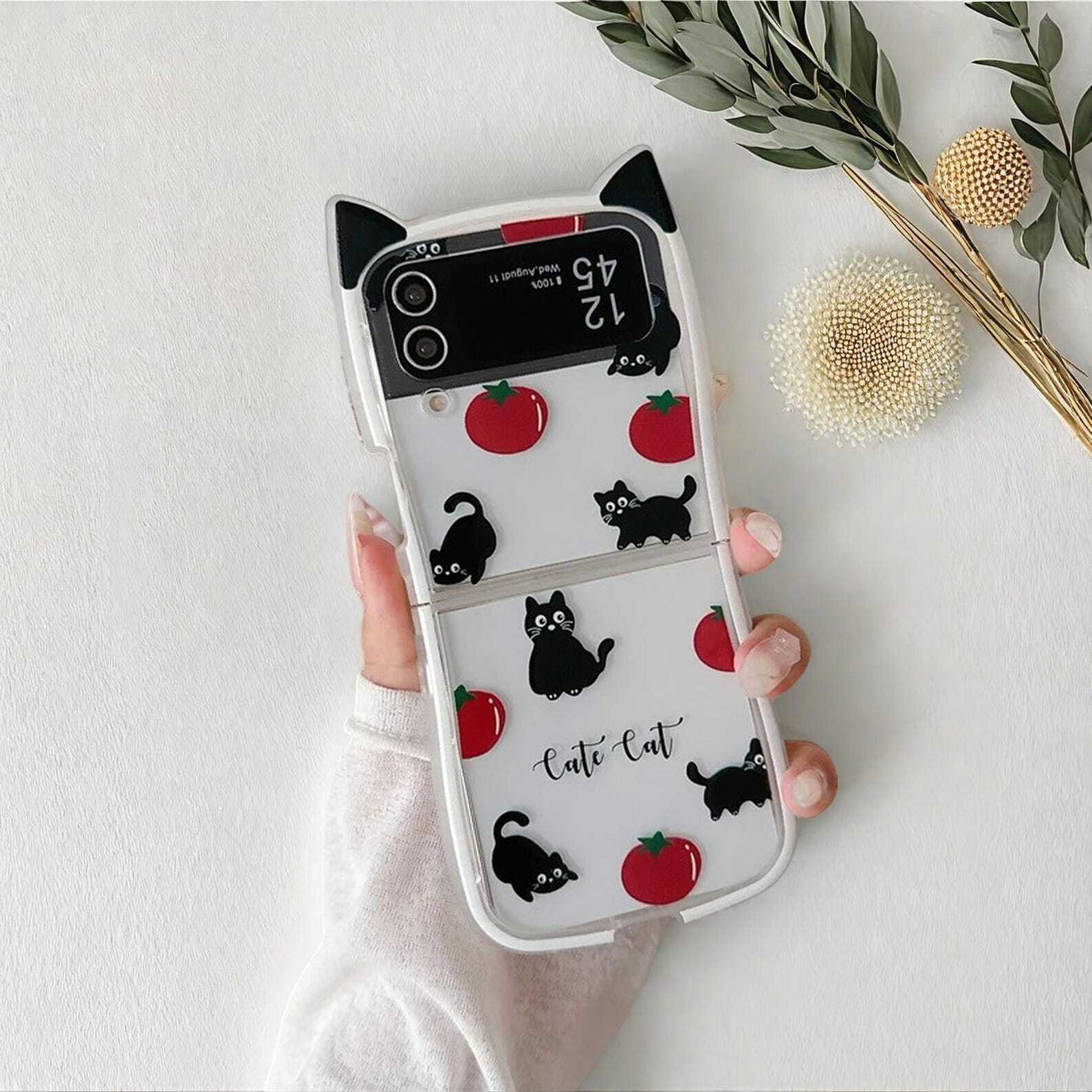 Cute Tomato Cat Phone Case with Ears for Samsung Galaxy Z Flip 3 4 5 6 - Fun Shockproof Protective Cover for Cat Lovers LuxuryLifeWay Online Store