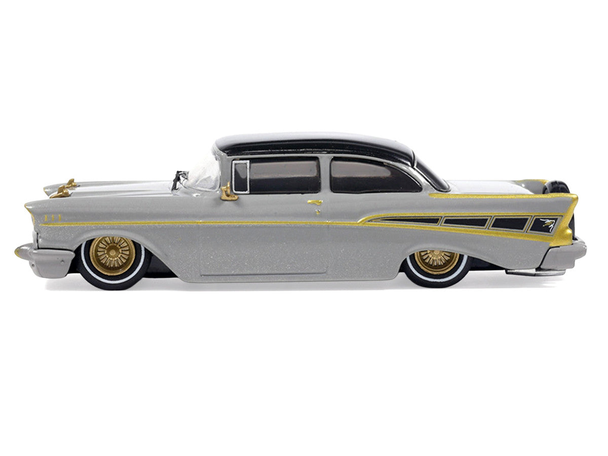 1957 Chevrolet Bel Air Lowrider Gray with Black Top and Gold Accents 1/64 Diecast Model Car by IXO Models LuxuryLifeWay Online Store