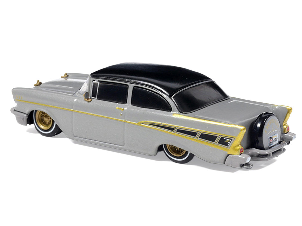 1957 Chevrolet Bel Air Lowrider Gray with Black Top and Gold Accents 1/64 Diecast Model Car by IXO Models LuxuryLifeWay Online Store