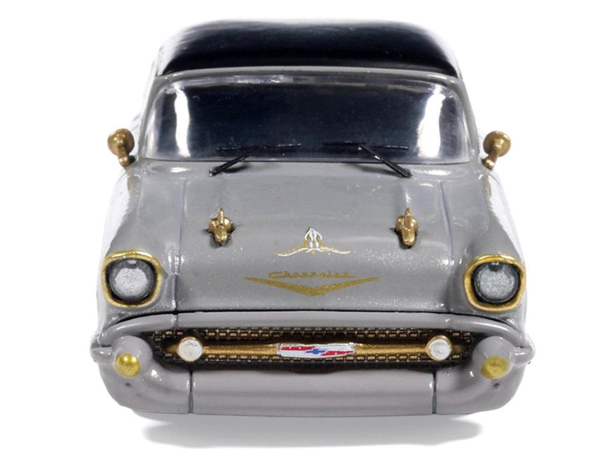 1957 Chevrolet Bel Air Lowrider Gray with Black Top and Gold Accents 1/64 Diecast Model Car by IXO Models LuxuryLifeWay Online Store