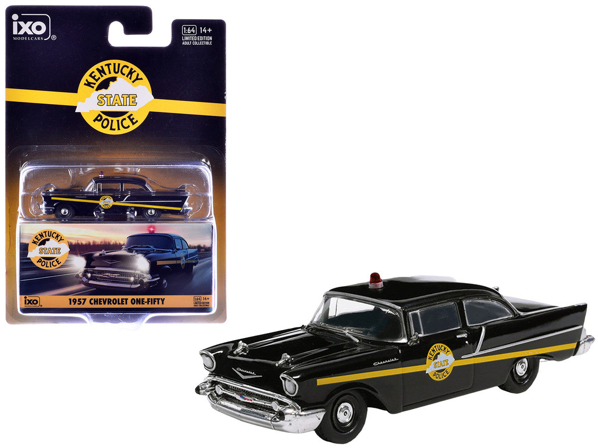1957 Chevrolet One-Fifty Police Car "Kentucky State Police" Black with Yellow Stripes 1/64 Diecast Model Car by IXO Models LuxuryLifeWay Online Store