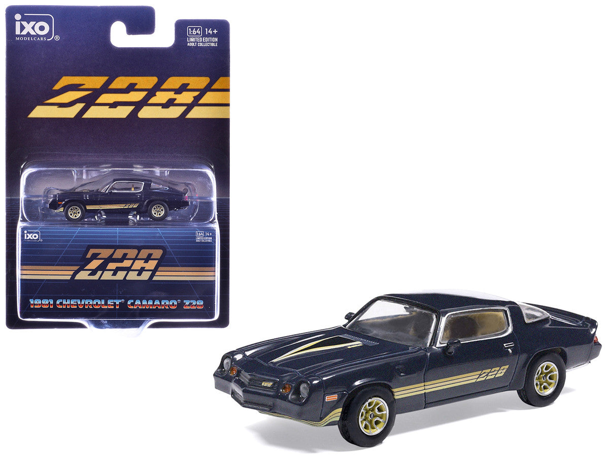 1981 Chevrolet Camaro Z28 Dark Blue Metallic with Gold Stripes and Interior 1/64 Diecast Model Car by IXO Models LuxuryLifeWay Online Store