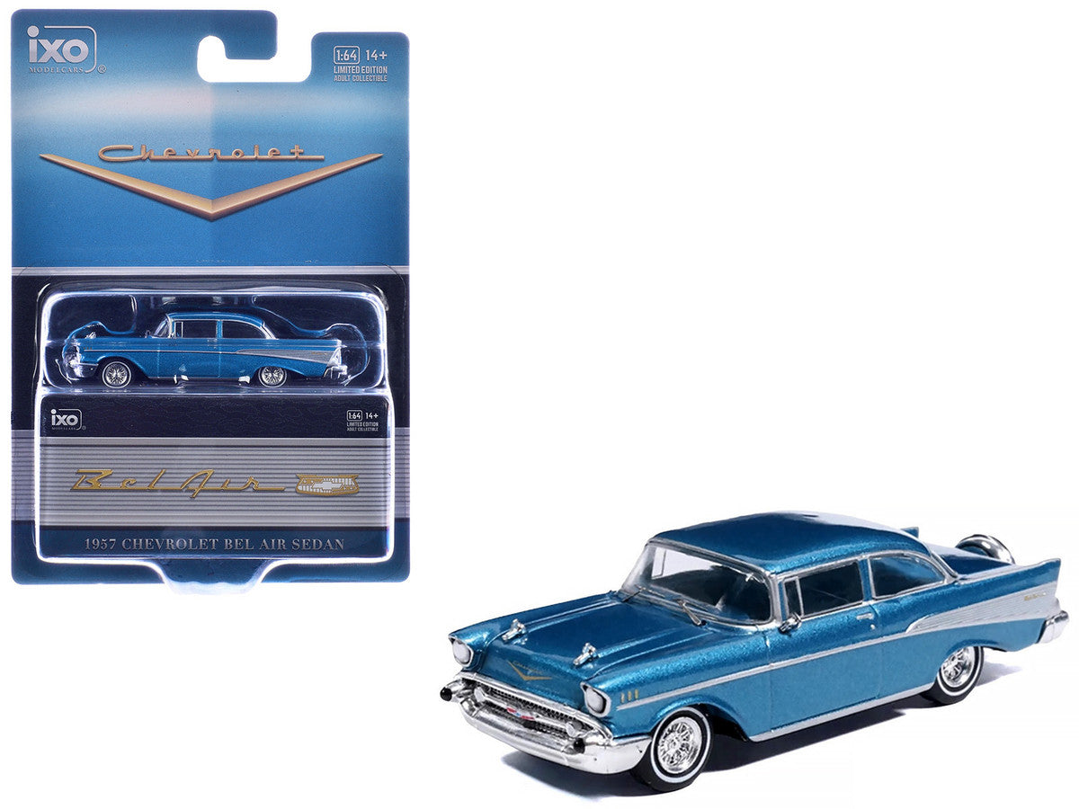 1957 Chevrolet Bel Air Sedan Harbor Blue Metallic with Blue Interior 1/64 Diecast Model Car by IXO Models LuxuryLifeWay Online Store