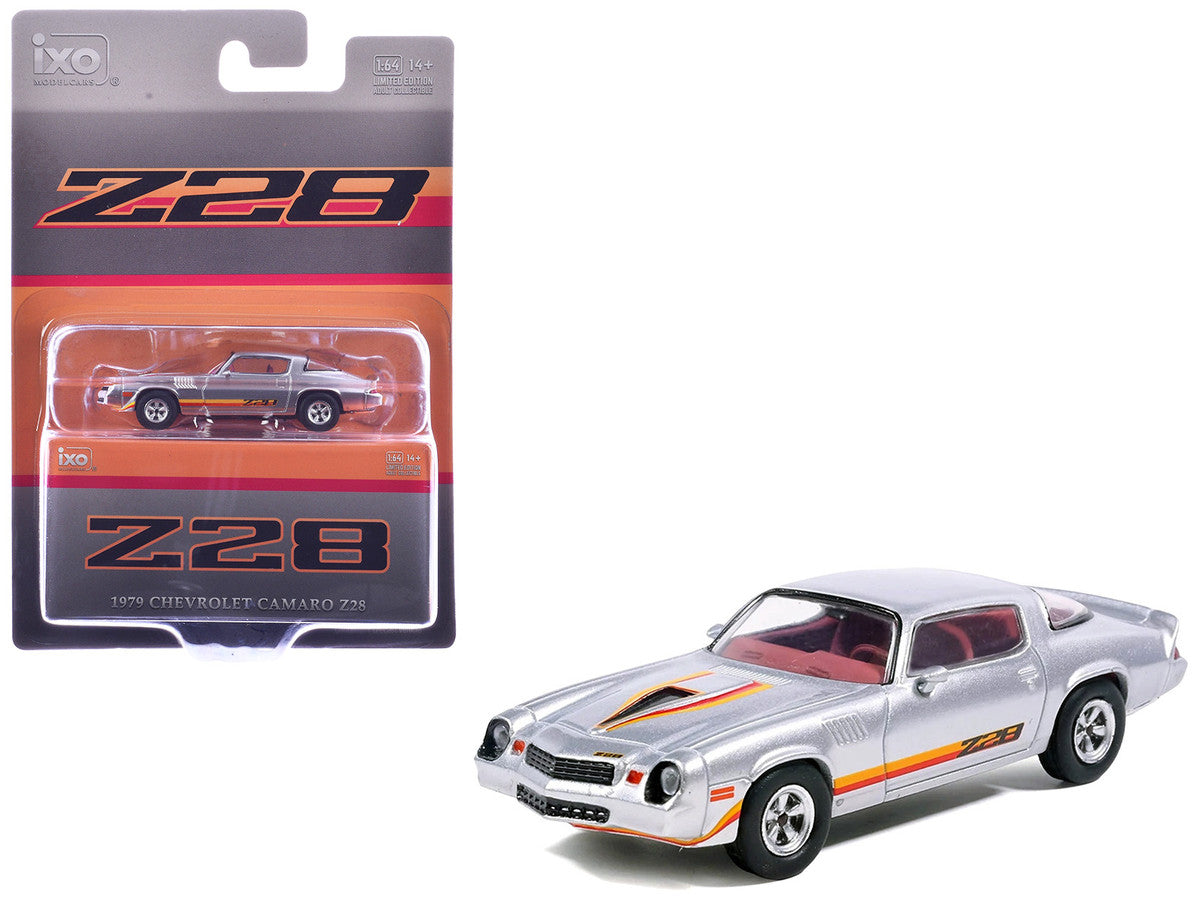 1979 Chevrolet Camaro Z28 Silver Metallic with Stripes and Red Interior 1/64 Diecast Model Car by IXO Models LuxuryLifeWay Online Store