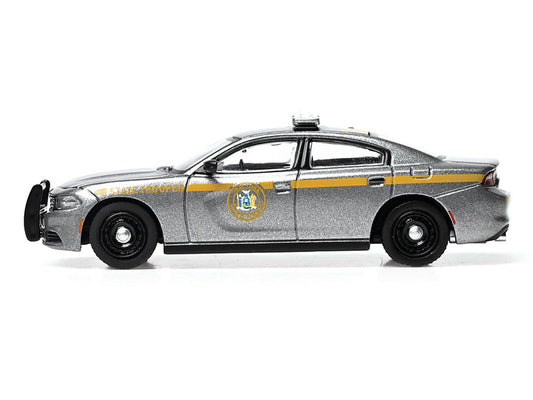 2023 Dodge Charger Pursuit "New York State Police" Gray Metallic with Yellow Stripes 1/64 Diecast Model by IXO Models LuxuryLifeWay Online Store