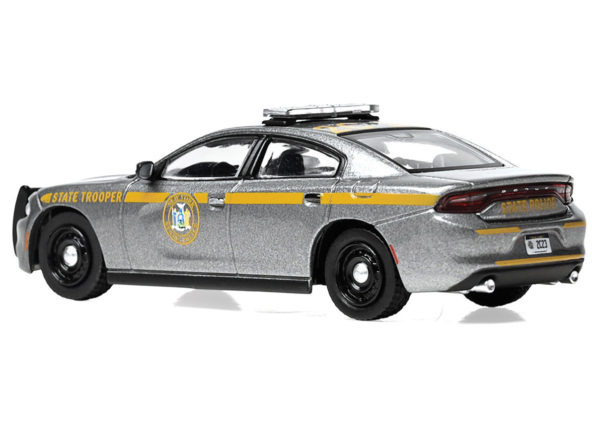 2023 Dodge Charger Pursuit "New York State Police" Gray Metallic with Yellow Stripes 1/64 Diecast Model by IXO Models LuxuryLifeWay Online Store