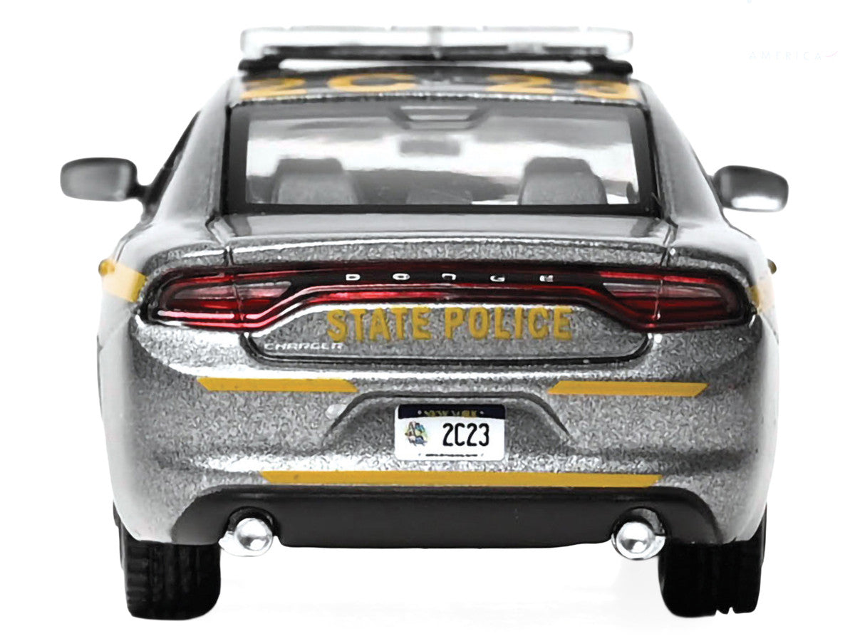2023 Dodge Charger Pursuit "New York State Police" Gray Metallic with Yellow Stripes 1/64 Diecast Model by IXO Models LuxuryLifeWay Online Store