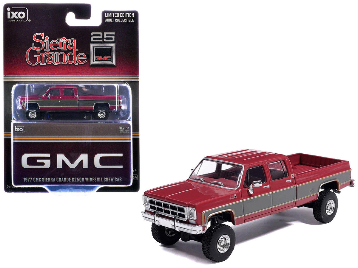 1977 GMC Sierra Grande K2500 Wideside Crew Cab Pickup Truck Dark Red Metallic with Gray Side Stripes 1/64 Diecast Model Car by IXO Models LuxuryLifeWay Online Store