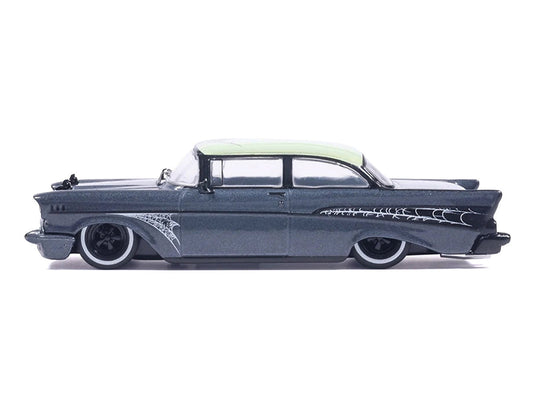 1957 Chevrolet Bel Air Lowrider Gray Metallic with Light Green Top and Halloween Graphics 1/64 Diecast Model Car by IXO Models LuxuryLifeWay Online Store