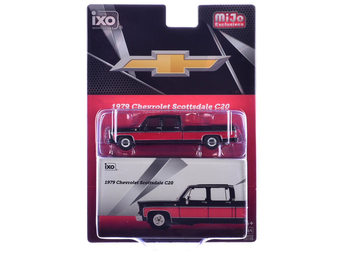 1979 Chevrolet Scottsdale C20 Crew Cab Pickup Truck Black with Red Side Stripes Limited Edition 1/64 Diecast Model Car by IXO Models LuxuryLifeWay Online Store