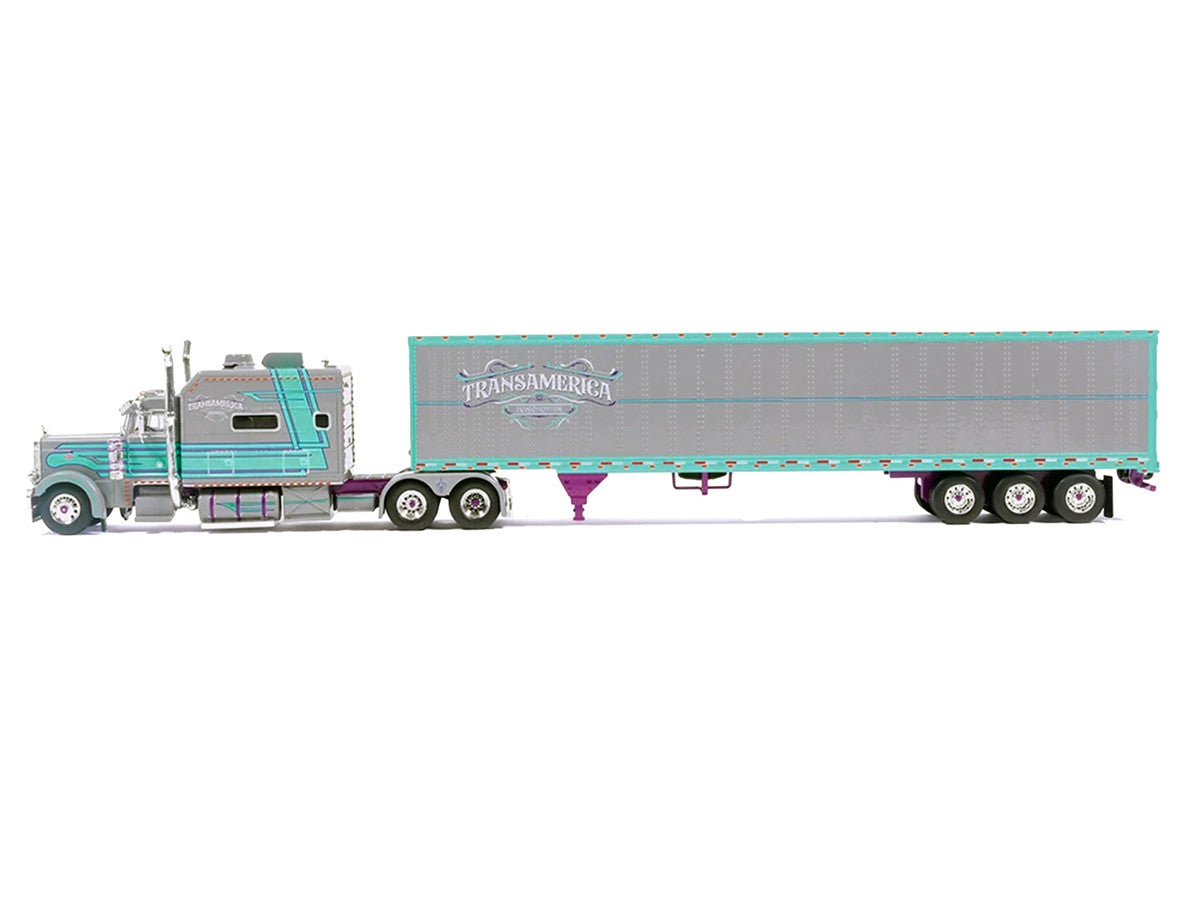 Peterbilt 379 Truck with Sleeper and Dry Goods Trailer "TransAmerica" Gray with Seafoam Green Graphics "J1 Diecast" Series 1/64 Diecast Model by IXO Models LuxuryLifeWay Online Store