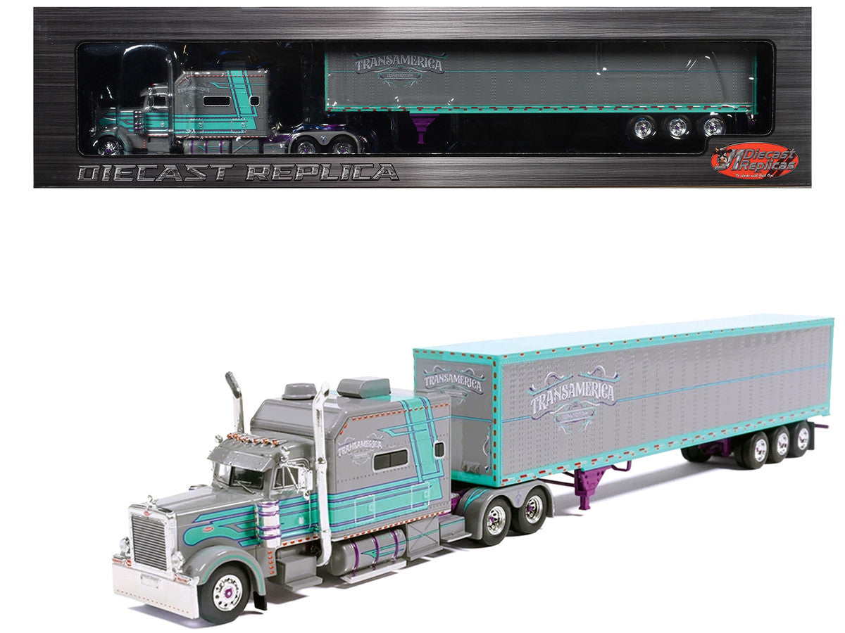Peterbilt 379 Truck with Sleeper and Dry Goods Trailer "TransAmerica" Gray with Seafoam Green Graphics "J1 Diecast" Series 1/64 Diecast Model by IXO Models LuxuryLifeWay Online Store