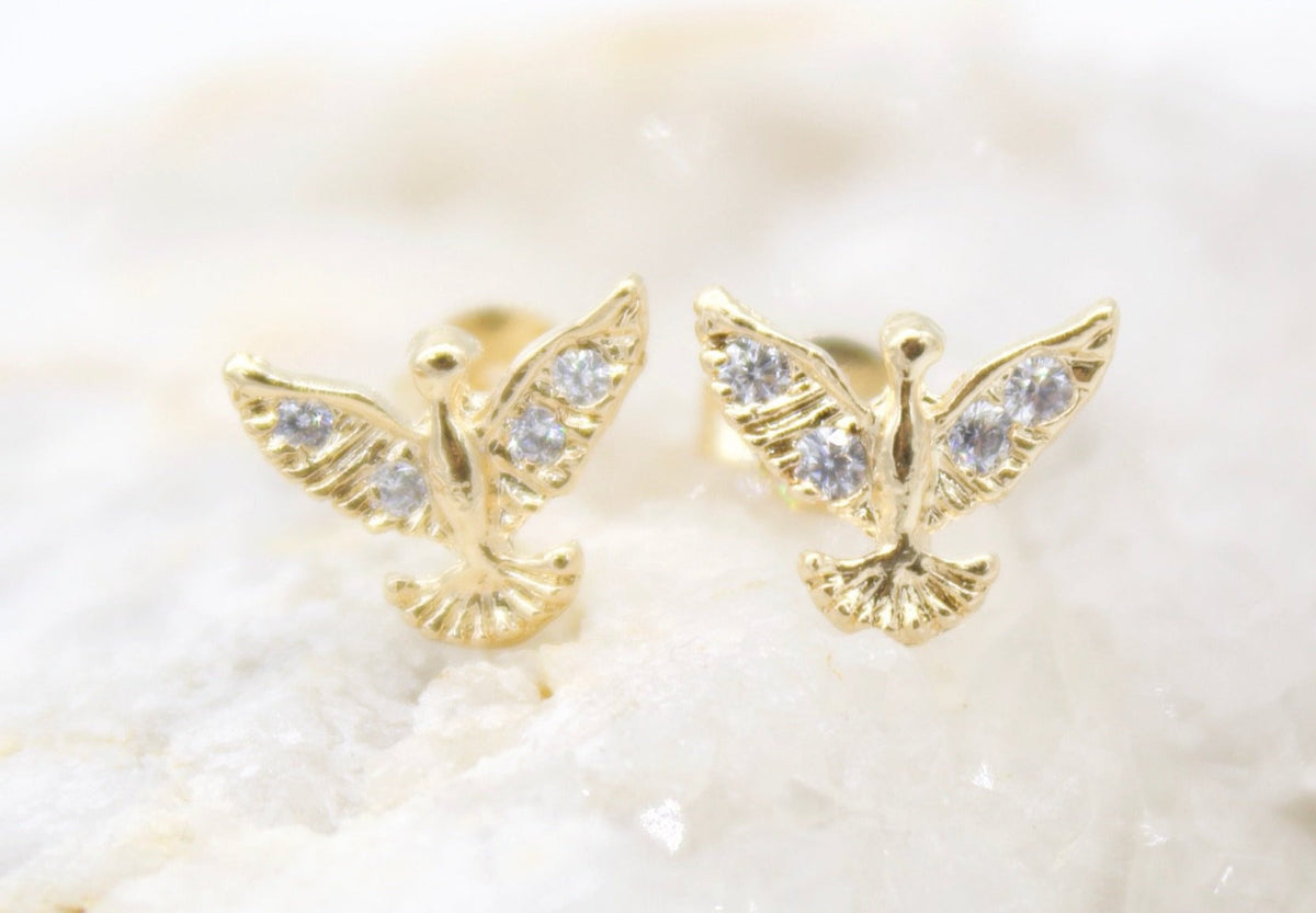 18K Gold Filled Bird Dove Stud Earrings With CZ Cubic Zirconia Stone (L118) LuxuryLifeWay Online Store
