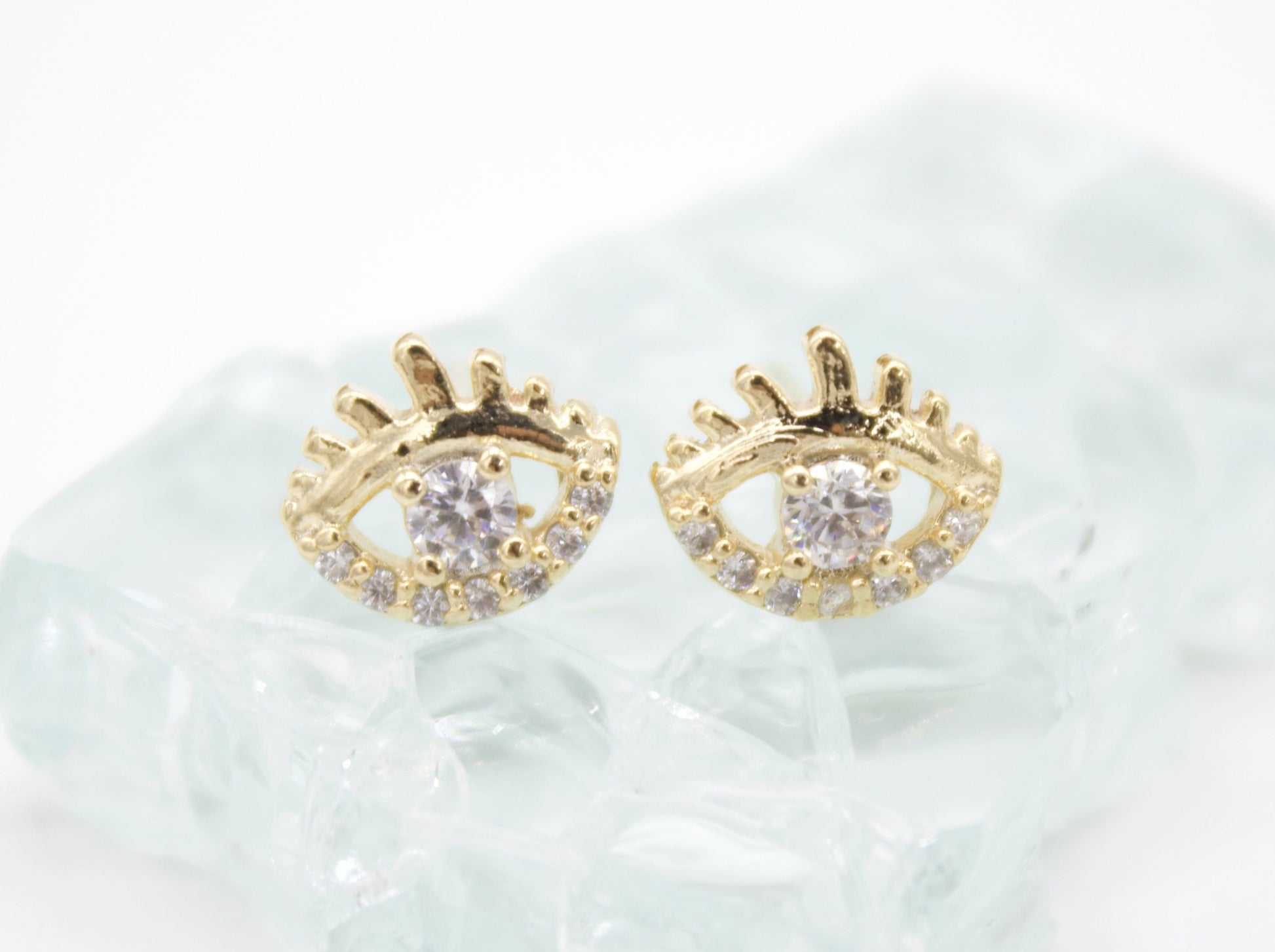 18K Gold Filled Evil Eye Stud Earrings With Clear CZ Stones (L76) LuxuryLifeWay Online Store