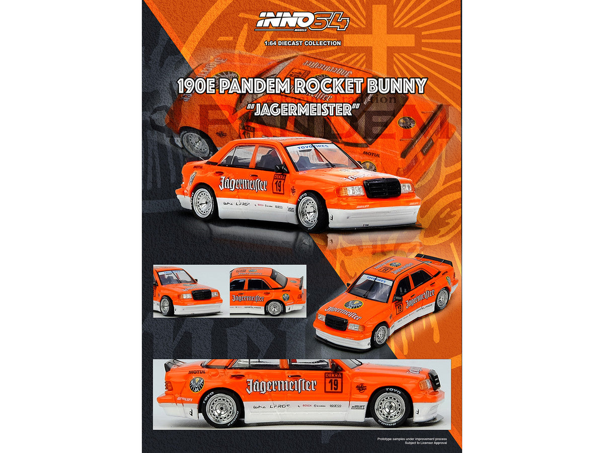 Pandem Rocket Bunny 190E #19 "Jagermeister" Orange and White 1/64 Diecast Model Car by Inno Models LuxuryLifeWay Online Store
