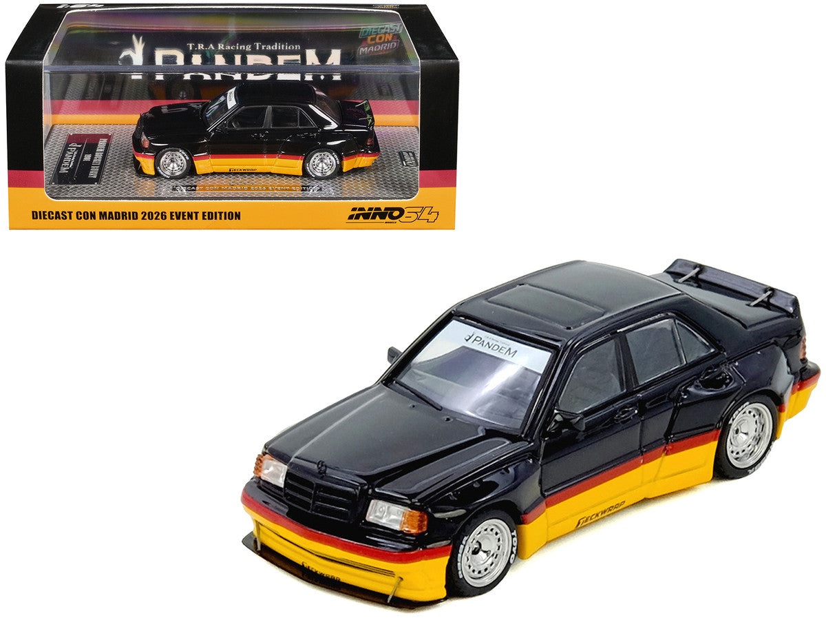 Pandem Rocket Bunny 190E Black with Red and Yellow Stripes "Diecast Con Madrid 2026 Event Edition" 1/64 Diecast Model Car by Inno Models LuxuryLifeWay Online Store