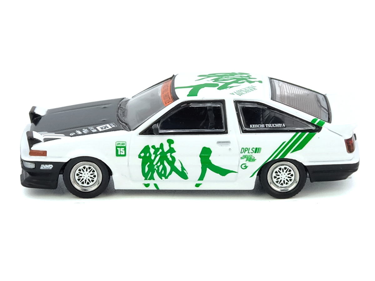 Toyota Sprinter Trueno (AE86) RHD (Right Hand Drive) #15 "Keiichi Tsuchiya" White with Green Graphics 1/64 Diecast Model Car by Inno Models LuxuryLifeWay Online Store