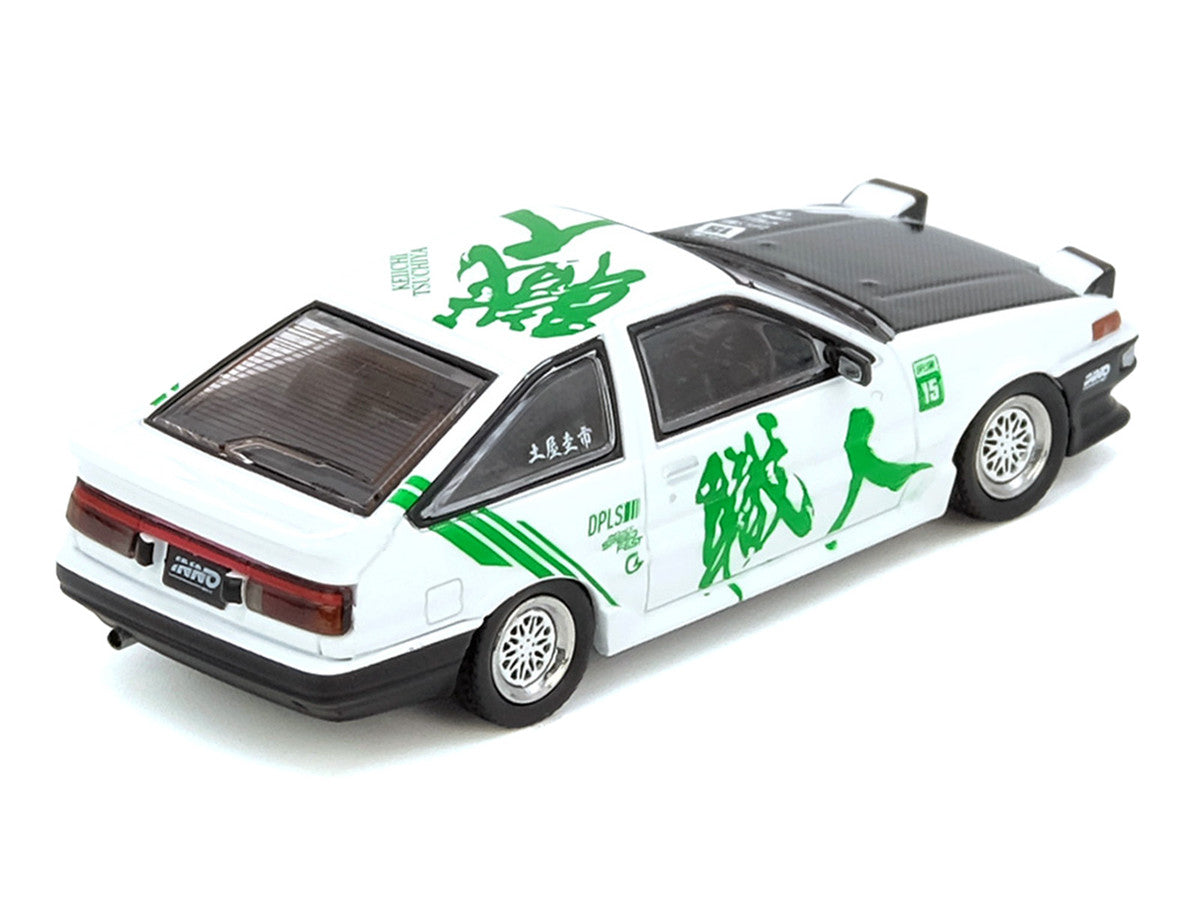 Toyota Sprinter Trueno (AE86) RHD (Right Hand Drive) #15 "Keiichi Tsuchiya" White with Green Graphics 1/64 Diecast Model Car by Inno Models LuxuryLifeWay Online Store