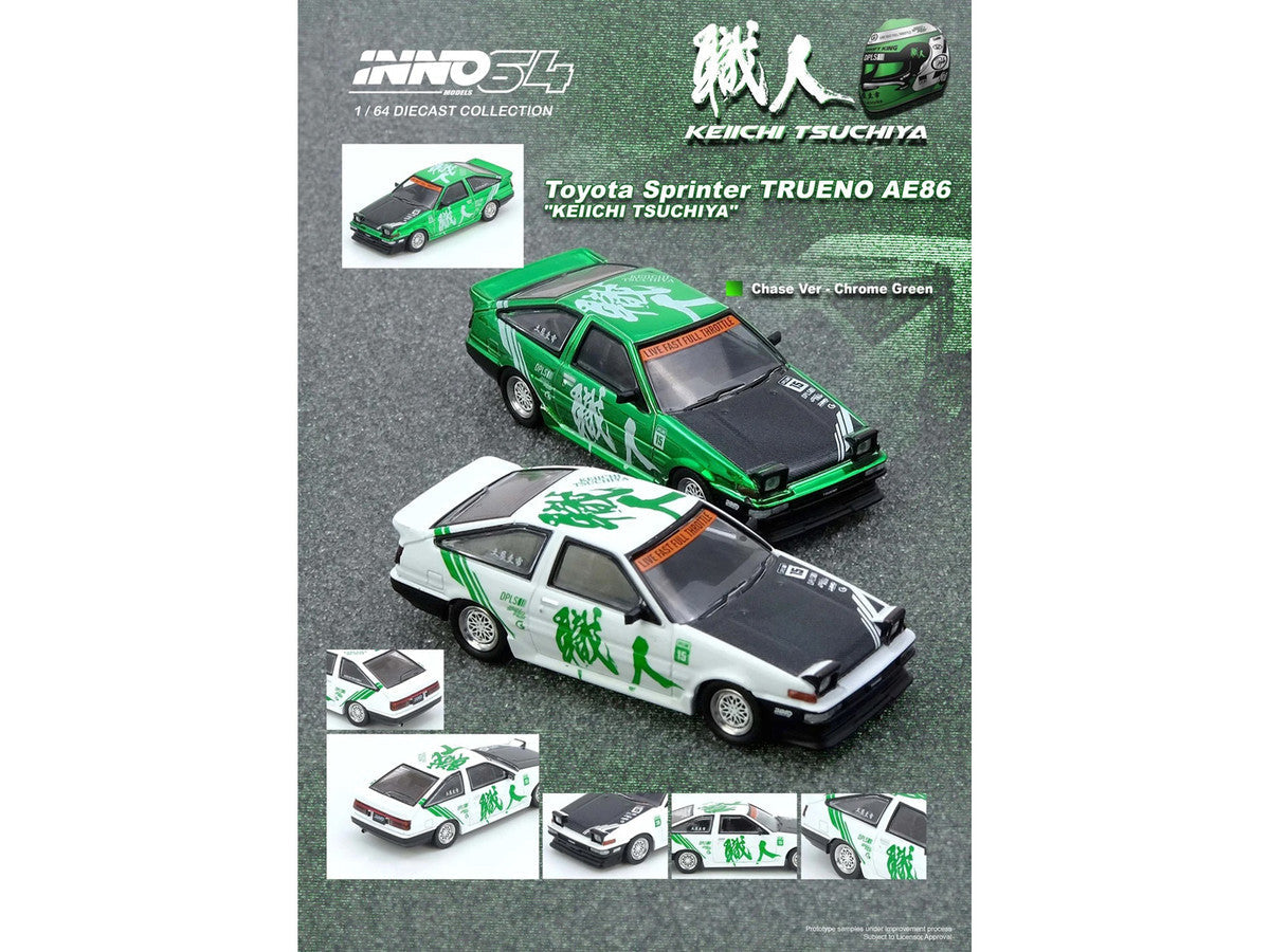 Toyota Sprinter Trueno (AE86) RHD (Right Hand Drive) #15 "Keiichi Tsuchiya" White with Green Graphics 1/64 Diecast Model Car by Inno Models LuxuryLifeWay Online Store