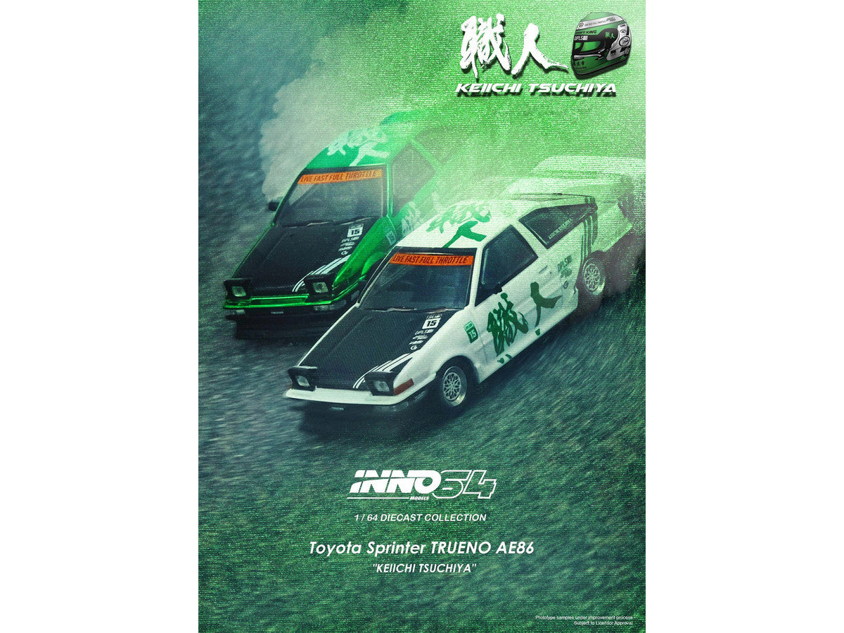 Toyota Sprinter Trueno (AE86) RHD (Right Hand Drive) #15 "Keiichi Tsuchiya" White with Green Graphics 1/64 Diecast Model Car by Inno Models LuxuryLifeWay Online Store