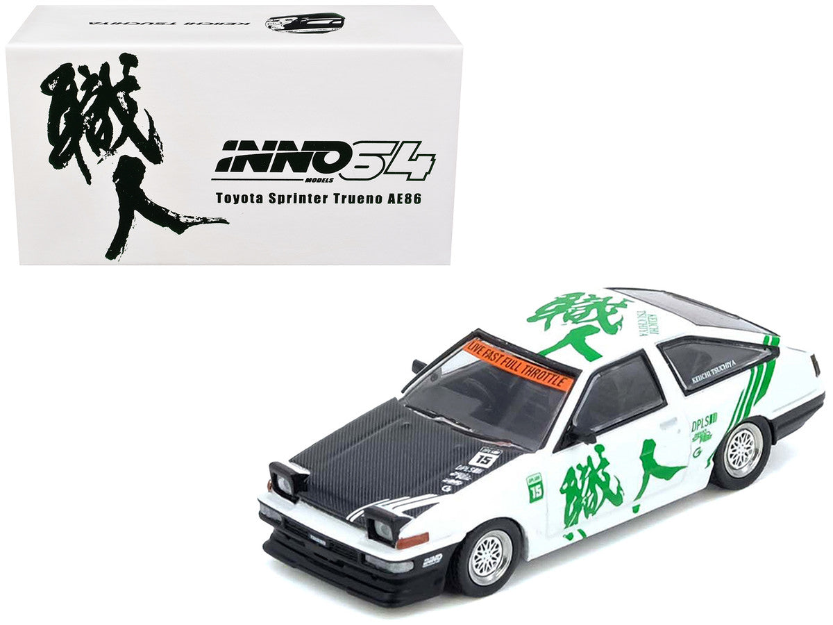 Toyota Sprinter Trueno (AE86) RHD (Right Hand Drive) #15 "Keiichi Tsuchiya" White with Green Graphics 1/64 Diecast Model Car by Inno Models LuxuryLifeWay Online Store