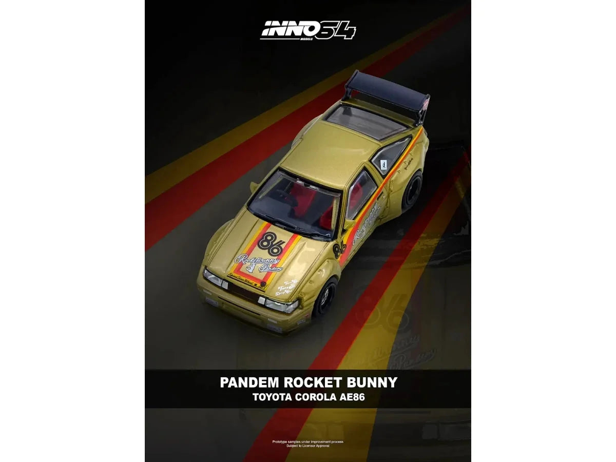 Toyota Levin (AE86) RHD (Right Hand Drive) #86 "Pandem Rocket Bunny" Gold Metallic with Stripes 1/64 Diecast Model Car by Inno Models LuxuryLifeWay Online Store