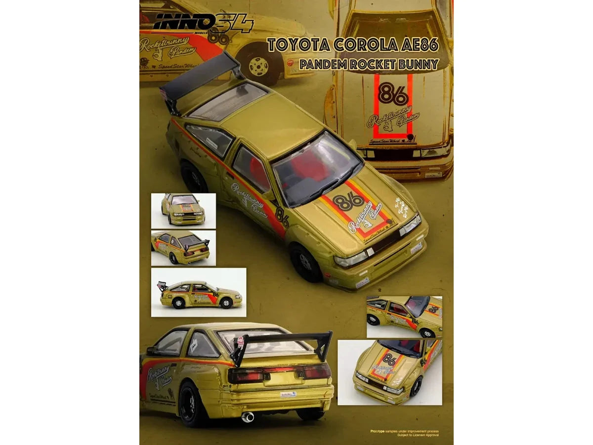 Toyota Levin (AE86) RHD (Right Hand Drive) #86 "Pandem Rocket Bunny" Gold Metallic with Stripes 1/64 Diecast Model Car by Inno Models LuxuryLifeWay Online Store