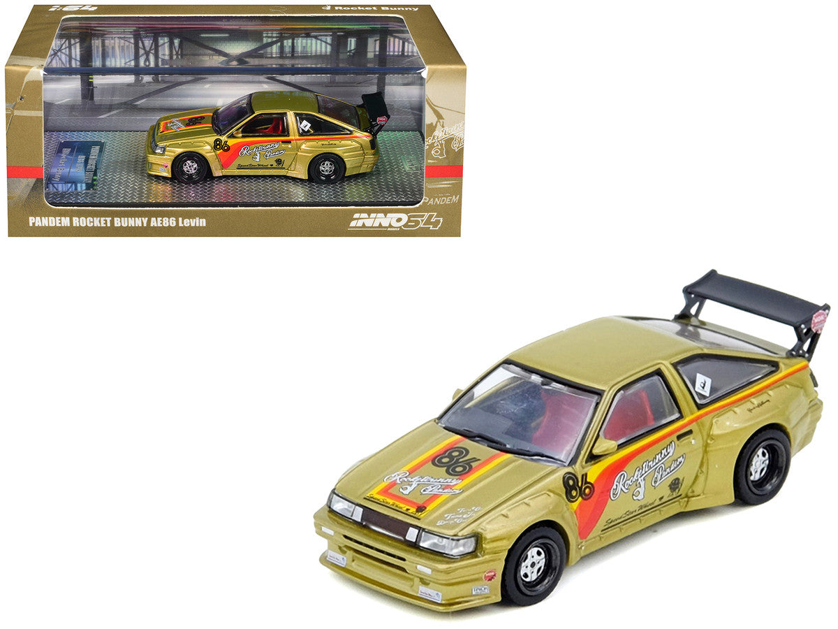 Toyota Levin (AE86) RHD (Right Hand Drive) #86 "Pandem Rocket Bunny" Gold Metallic with Stripes 1/64 Diecast Model Car by Inno Models LuxuryLifeWay Online Store