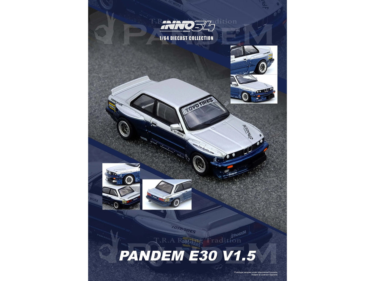 Pandem E30 M3 Silver Metallic and Dark Blue 1/64 Diecast Model Car by Inno Models LuxuryLifeWay Online Store