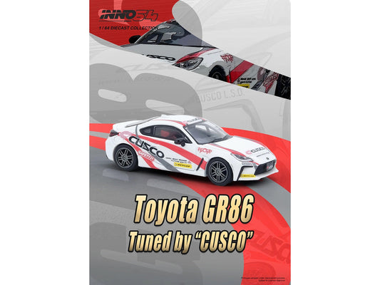 Toyota GR86 Tuned by "CUSCO" RHD (Right Hand Drive) White with Red and Gray Stripes 1/64 Diecast Model Car by Inno Models LuxuryLifeWay Online Store