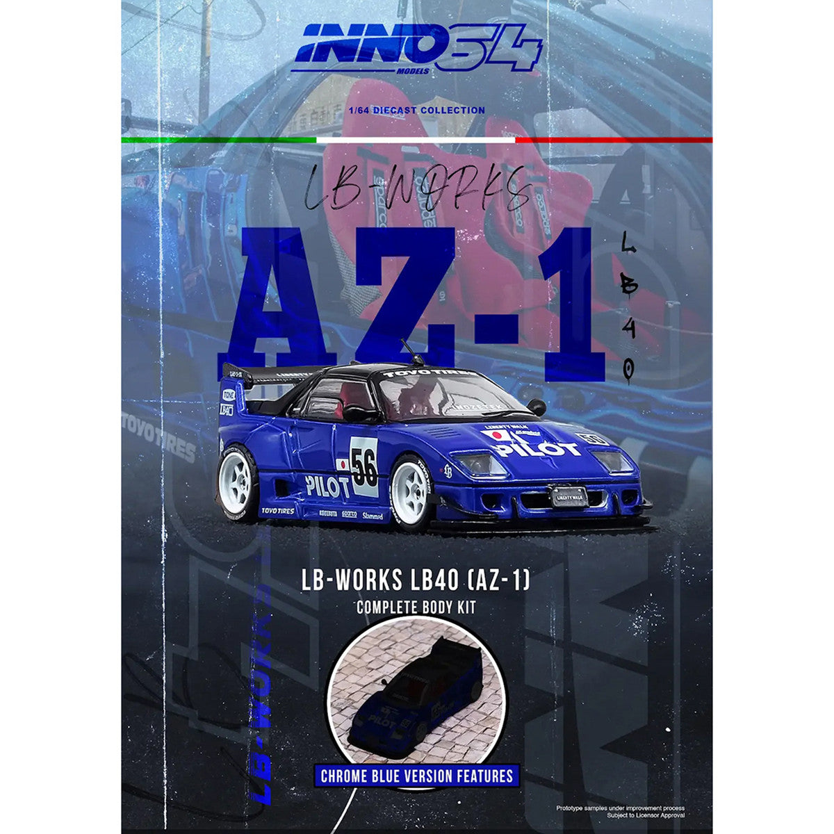 Mazda AZ-1 Liberty Walk LB40 RHD (Right Hand Drive) #56 "Pilot" Blue with Black Top 1/64 Diecast Model Car by Inno Models LuxuryLifeWay Online Store