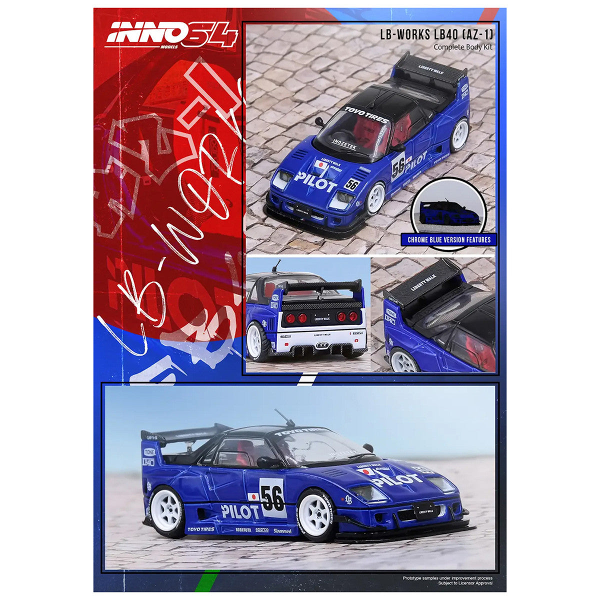 Mazda AZ-1 Liberty Walk LB40 RHD (Right Hand Drive) #56 "Pilot" Blue with Black Top 1/64 Diecast Model Car by Inno Models LuxuryLifeWay Online Store