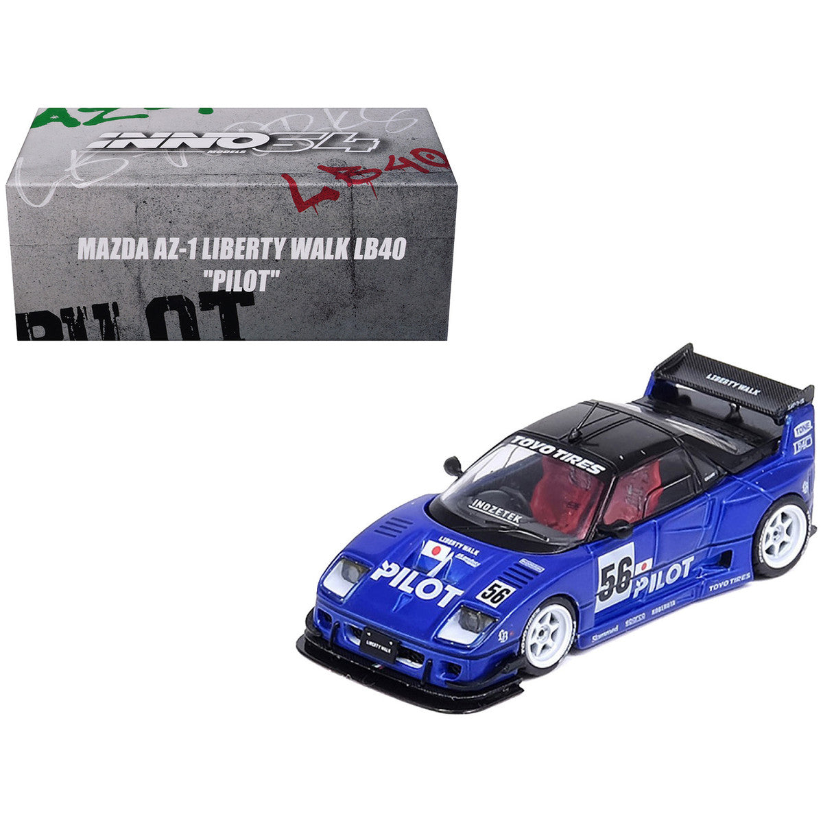 Mazda AZ-1 Liberty Walk LB40 RHD (Right Hand Drive) #56 "Pilot" Blue with Black Top 1/64 Diecast Model Car by Inno Models LuxuryLifeWay Online Store