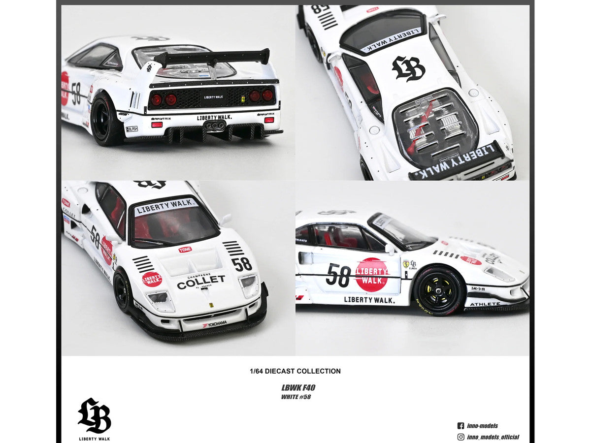 LBWK (Liberty Walk) F40 #58 White with Graphics "Collet" 1/64 Diecast Model Car by Inno Models LuxuryLifeWay Online Store