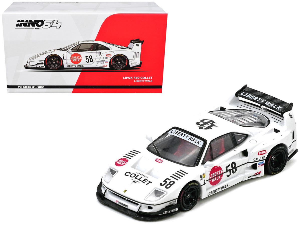 LBWK (Liberty Walk) F40 #58 White with Graphics "Collet" 1/64 Diecast Model Car by Inno Models LuxuryLifeWay Online Store