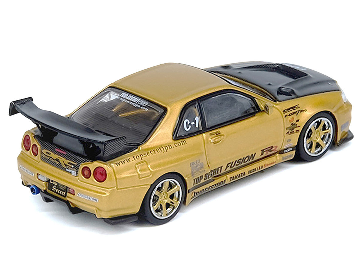 Nissan Skyline GT-R (R34) RHD (Right Hand Drive) "Top Secret" Gold Metallic with Carbon Hood and Trunk 1/64 Diecast Model Car by Inno Models LuxuryLifeWay Online Store
