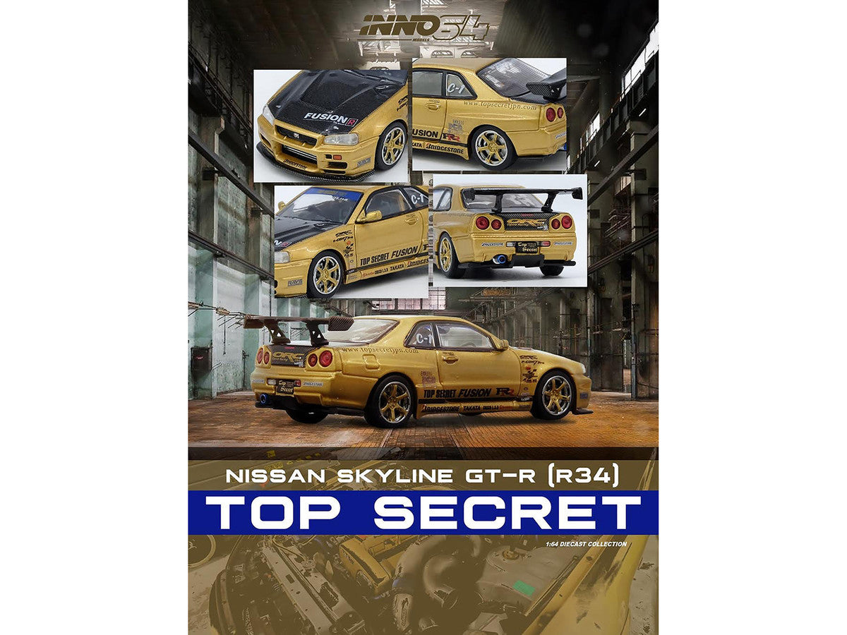 Nissan Skyline GT-R (R34) RHD (Right Hand Drive) "Top Secret" Gold Metallic with Carbon Hood and Trunk 1/64 Diecast Model Car by Inno Models LuxuryLifeWay Online Store