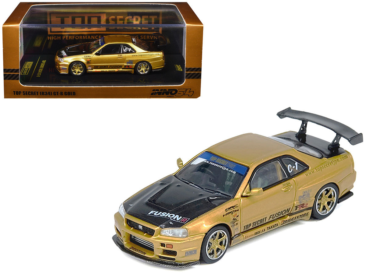 Nissan Skyline GT-R (R34) RHD (Right Hand Drive) "Top Secret" Gold Metallic with Carbon Hood and Trunk 1/64 Diecast Model Car by Inno Models LuxuryLifeWay Online Store