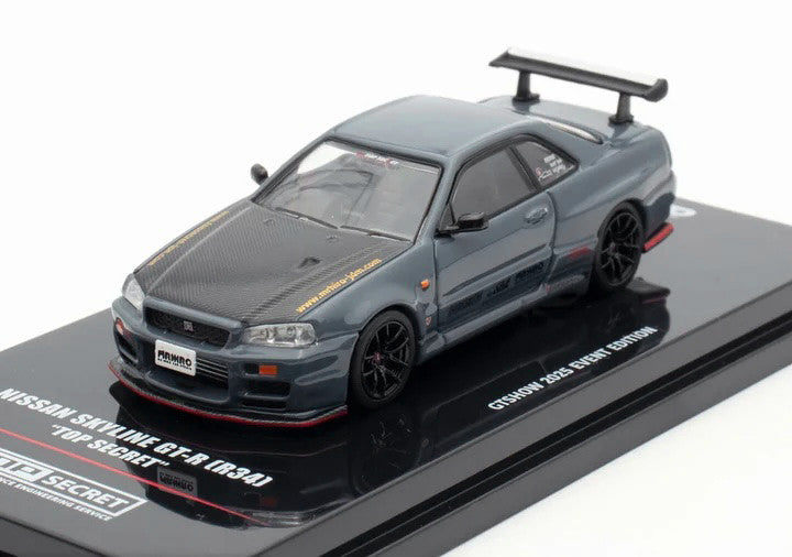 Nissan Skyline GT-R (R34) "Top Secret" RHD (Right Hand Drive) Stealth Gray with Carbon Hood "GTSHOW 2025 Event Edition" 1/64 Diecast Model Car by Inno Models LuxuryLifeWay Online Store