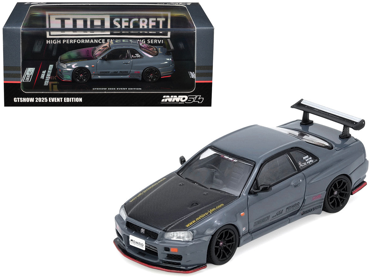 Nissan Skyline GT-R (R34) "Top Secret" RHD (Right Hand Drive) Stealth Gray with Carbon Hood "GTSHOW 2025 Event Edition" 1/64 Diecast Model Car by Inno Models LuxuryLifeWay Online Store