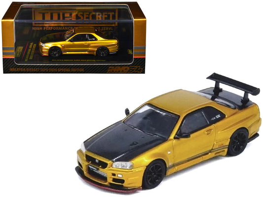 Nissan Skyline GT-R (R34) "Top Secret" RHD (Right Hand Drive) Gold Metallic with Carbon Hood and Trunk "Tokyo Auto Salon 2024 - Malaysia Diecast Expo 2024" 1/64 Diecast Model Car by Inno Models LuxuryLifeWay Online Store
