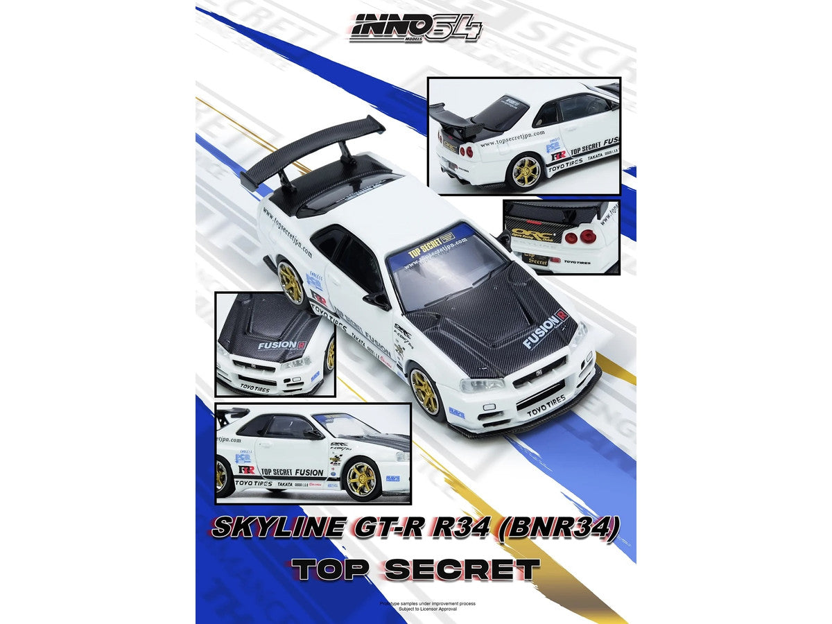 Nissan Skyline GT-R (R34) "Top Secret" RHD (Right Hand Drive) White with Carbon Hood 1/64 Diecast Model Car by Inno Models LuxuryLifeWay Online Store