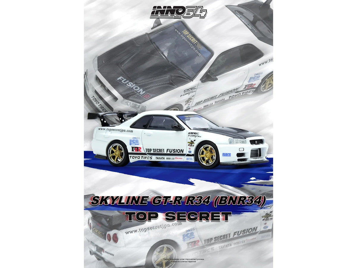 Nissan Skyline GT-R (R34) "Top Secret" RHD (Right Hand Drive) White with Carbon Hood 1/64 Diecast Model Car by Inno Models LuxuryLifeWay Online Store