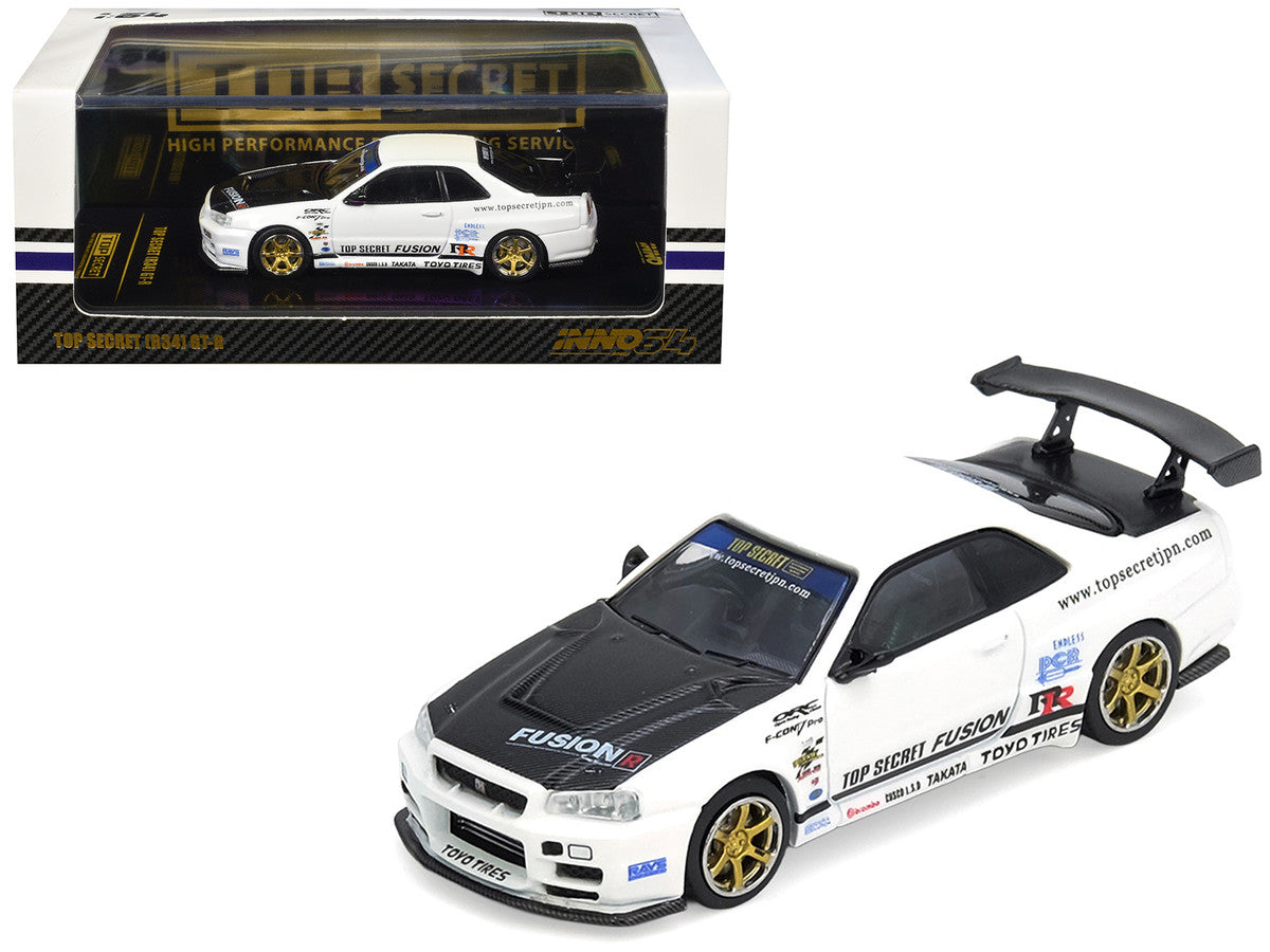 Nissan Skyline GT-R (R34) "Top Secret" RHD (Right Hand Drive) White with Carbon Hood 1/64 Diecast Model Car by Inno Models LuxuryLifeWay Online Store